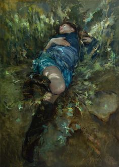 a painting of a woman laying down in the grass with her eyes closed and hands behind her head