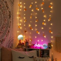 a room with lights and decorations on the wall