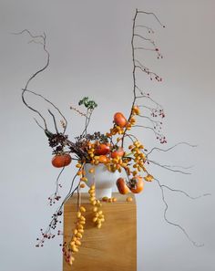 a white vase filled with oranges and berries