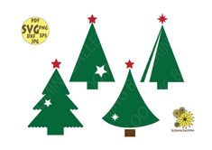 three green christmas trees with stars on top and one star in the middle, all cut out