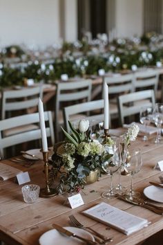 the table is set with white flowers and candles