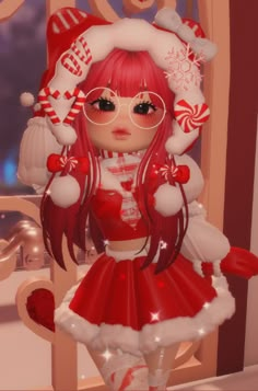 a red haired girl wearing glasses and a santa hat with candy canes on her head