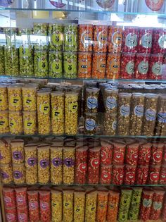 a display case filled with lots of different types of candy