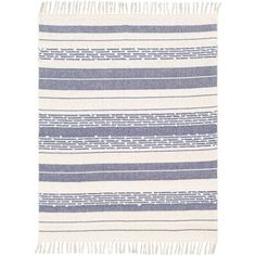 a blue and white striped rug with fringes on the bottom, in front of a white background