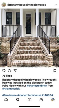 the front steps to a house with brick and iron railings on each side, which are also painted white