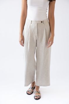 The Spruce Trouser Neutral Linen Straight Pants, Chic Flax Colored Linen Bottoms, Spring Linen Pants In Flax Color, Chic Flax Linen Bottoms, Natural Linen Bottoms For Summer, Natural Linen Summer Bottoms, Chic Flax Linen Pants, Spring Neutral Linen Wide Leg Pants, Chic Neutral Linen Bottoms