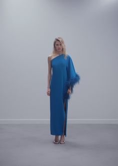 Asymmetric feather satin dress Mango Outlet, Asymmetrical Neckline, Feather Dress, Asymmetrical Design, Italian Fabric, Capsule Collection, Satin Dress, Flared Sleeves, Exclusive Collection