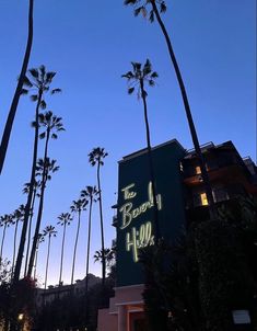 palm trees are silhouetted against the evening sky in front of an apartment building at twilight