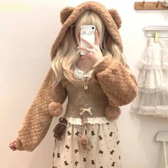 Kawaii Winter Outfits Pastel, Teddy Bear Core Outfits, Cute Bunny Clothes, Cute Bear Clothes, Teddy Bear Aesthetic Clothes, Cozy Clothing Aesthetic, Cutesy Winter Outfits, Cozy Coquette Outfits, Bunny Aesthetic Outfit