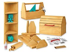 a wooden toy set with various items in it