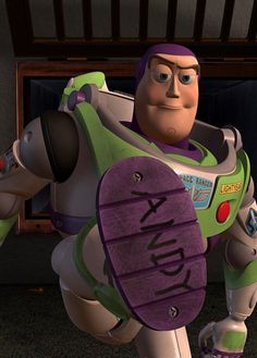 the character buzz lightyear from toy story is holding a skateboard in his hand