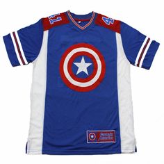 the captain's shield jersey is blue with white and red trims, and has a star on it