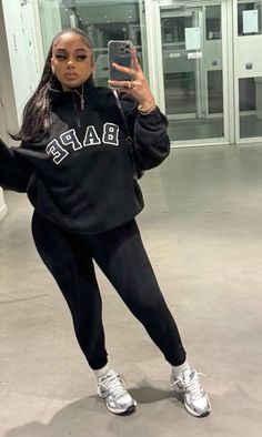 Comfy Black Leggings Outfit, Grey Sweatshirt Outfit Black Woman, Study Date Outfit Comfy, Asics Shoes Outfit Aesthetic, Outfits With Asics, Quater Zipper Outfit, Black Asics Outfit, Sweat Suit Outfits Black Women, Cleaning Outfits