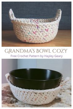 crochet bowl cozy pattern with text that says grandma's bowl cozy