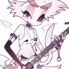 an anime character holding a guitar with wings on her head and wearing a white shirt