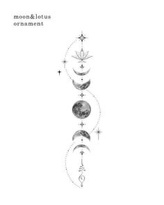 the moon, stars and crescents are drawn in black ink on a white background