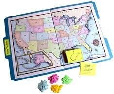 a map with the name that state on it next to gummy bears and some other items