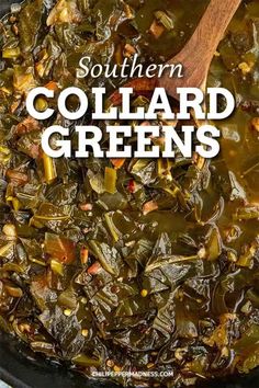 southern collard greens in a skillet with a wooden spoon and title overlay