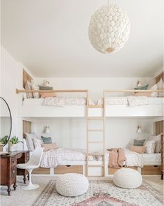 a bedroom with bunk beds and rugs on the floor