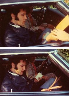 two pictures of a man sitting in a car