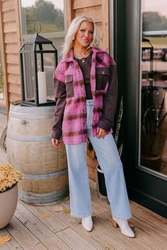 - Feel campout cozy in this adorable layering piece! - Unlined warm material with a plaid pattern as well as corduroy material - A collared neckline - A button-up front - Long, loose sleeves with button closure cuffs - Functional chest pockets - A relaxed silhouette that ends in a straight hemline Measurements S : Bust 46", Hip 46", Length 29", Sleeve Length 29", Waist 46". M : Bust 48", Hip 48", Length 29", Sleeve Length 30", Waist 48". L : Bust 50", Hip 50", Length 29.5", Sleeve Length 30", Wa Trendy Flannel Winter Outerwear, Trendy Winter Flannel Outerwear, Casual Pink Shacket For Winter, Casual Pink Winter Shacket, Pink Winter Casual Shacket, Pink Casual Winter Shacket, Pink Long Sleeve Shacket For Winter, Pink Long Sleeve Winter Shacket, Cozy Flannel Outerwear With Long Sleeves