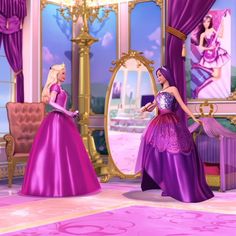 two barbie dolls are standing in front of a mirror, one is wearing a purple dress