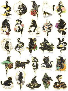 a bunch of black cats with different designs on them