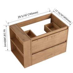 a wooden box with drawers and measurements for the bottom drawer, side by side on a white background