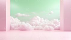 an empty room with pink walls and white clouds