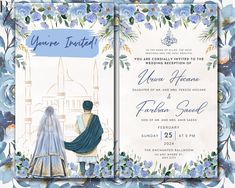 a wedding card with an image of a bride and groom in blue flowers on it