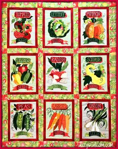 a quilted wall hanging with vegetables and words on it's sides, including carrots