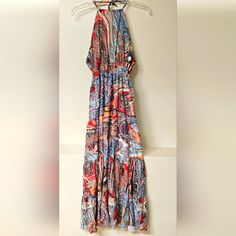 Amazon Size M Beautiful Maxi Dress Multicolored Paisley Print Smocked Back Tie Halter Ruffled Tiers Sexy Ptp With Smocked Back Is 15in To 18 In Length Approx 54in Tie Halter Never Worn Nwot Paisley Print Summer Maxi Dress For Beach, Casual Boho Print Halter Neck Maxi Dress, Summer Paisley Print Maxi Dress For Beach, Summer Beach Maxi Dress With Paisley Print, Casual Halter Neck Maxi Dress With Boho Print, Multicolor Paisley Print Beach Maxi Dress, Multicolor Paisley Print Dress For Day Out, Sleeveless Paisley Print Maxi Dress For Vacation, Sleeveless Sundress With Paisley Print For Beach