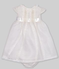 From Edgehill Collection&#x2C; this dress features:Peter pan collarScoop necklineShort sleeveslace detail trimButton back closureIncluding matching pantyPolyesterDry cleanImported. Christening Gowns, Dillard's, Peter Pan, Christening, Dress Collection, Lace