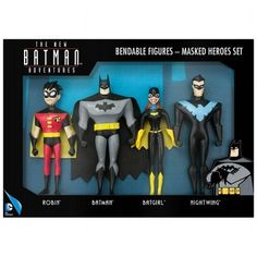 three batman action figures are shown in the box, one is black and one is yellow