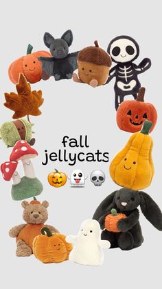 halloween stuffed animals arranged in a circle with the words fall jellicats written below