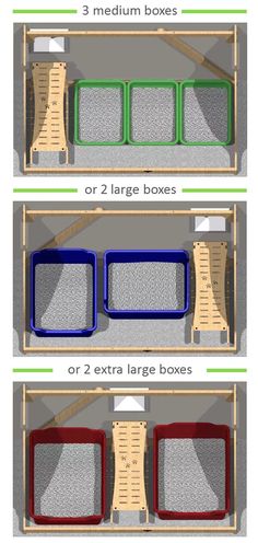 three different types of storage boxes with measurements on the top and bottom, one for each box