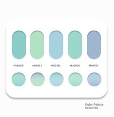 the color palette is shown in shades of blue, green and white with different shapes