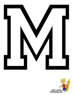 the letter m is made up of black and white letters with cartoon characters on them