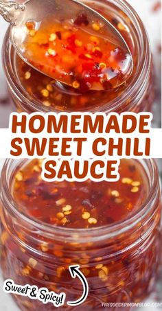 homemade sweet chili sauce in a glass jar with spoon on top and the recipe below