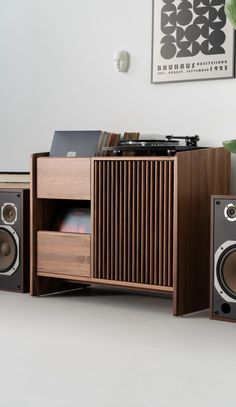 an old record player and speakers are sitting on the floor in front of a plant