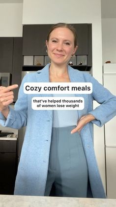 a woman standing in front of a counter with her hands on her hips and the words cozy comfort meals above her