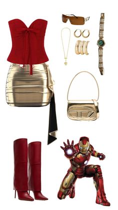 iron man costume and accessories including boots, purse, belt, bracelets, sunglasses