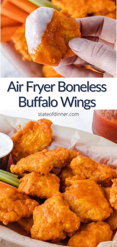 Two images - one of a boneless wing dipped in ranch, the other of a basket or wings. Air Fryer Boneless Chicken Wings, Super Bowl Wings, Boneless Buffalo Wings, Fried Wings, Super Bowl Menu, Boneless Chicken Wings, Buffalo Chicken Wings, Pizza Flavors