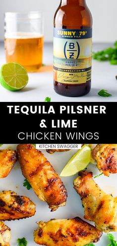 tequila pilsner and lime chicken wings on a plate