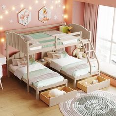 two bunk beds with drawers underneath them in a pink girls'room, one has a teddy bear and the other has a stuffed animal