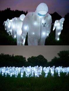 two pictures with lights in the shape of animals and people walking through grass at night