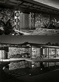 black and white photographs of the exterior of a house at night, with pool in foreground