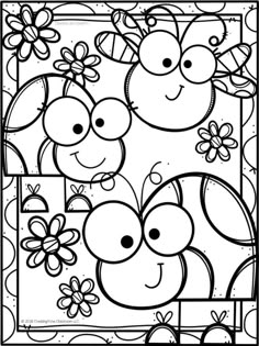 a coloring page with flowers and butterflies in the center, on top of a black and white background