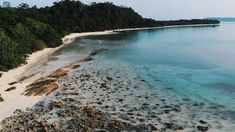 an aerial view of a beach with clear blue water and trees on the shore line