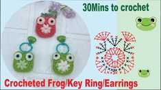 crocheted frog keyring / earring pattern with flowers and two owls on them